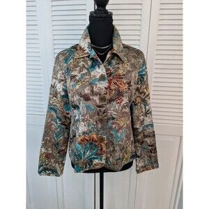 Chico's Jacket Women's Sz M (1) Silk Multi Floral Art Gold Embroidery Glam Core